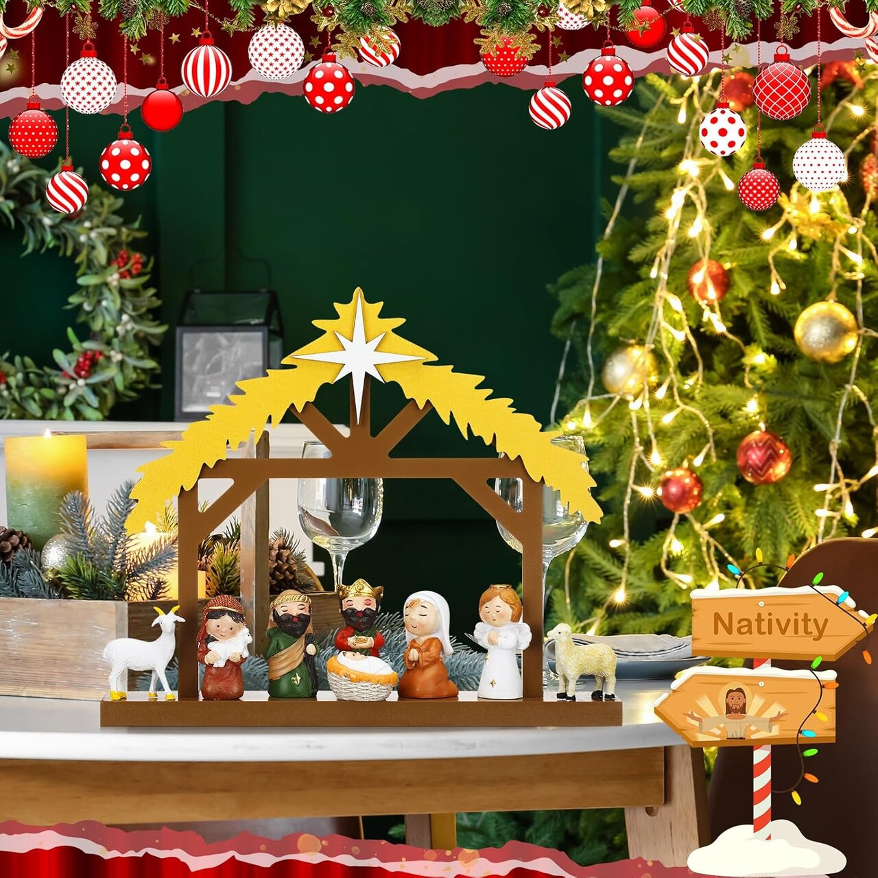 Christmas Wooden Nativity Manger Wood Nativity Scene with Roof Star 9.8 x 9.4 Inch for Inside 6 Inch Scale Holy Family Wooden Nativity Stable Creche Backdrop for Indoor Home Tabletop Decor